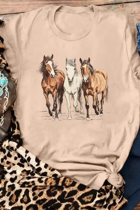DLLS70 - Khaki Gallant Horses Printed Casual T Shirt