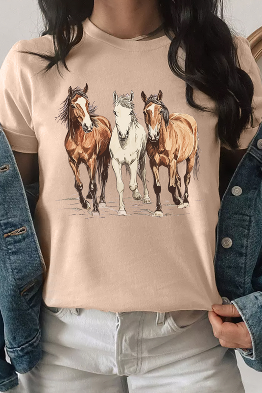 DLLS70 - Khaki Gallant Horses Printed Casual T Shirt