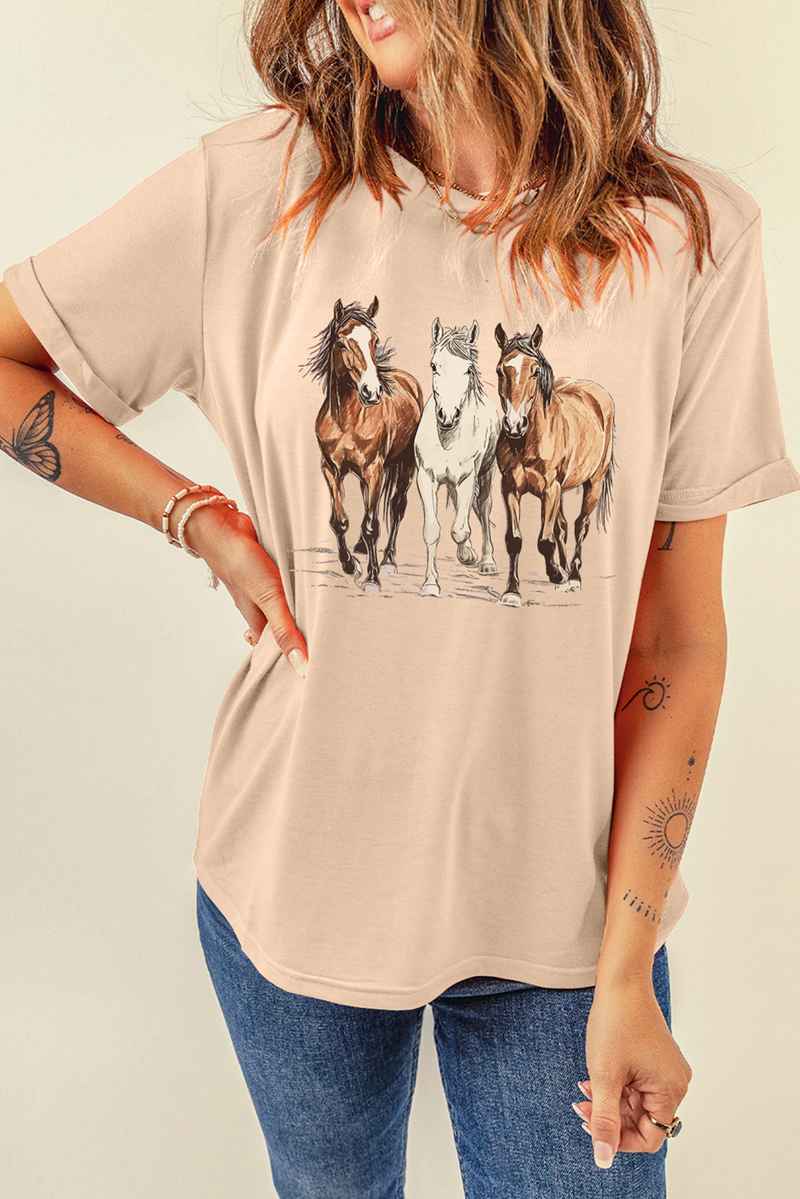 Load image into Gallery viewer, DLLS70 - Khaki Gallant Horses Printed Casual T Shirt
