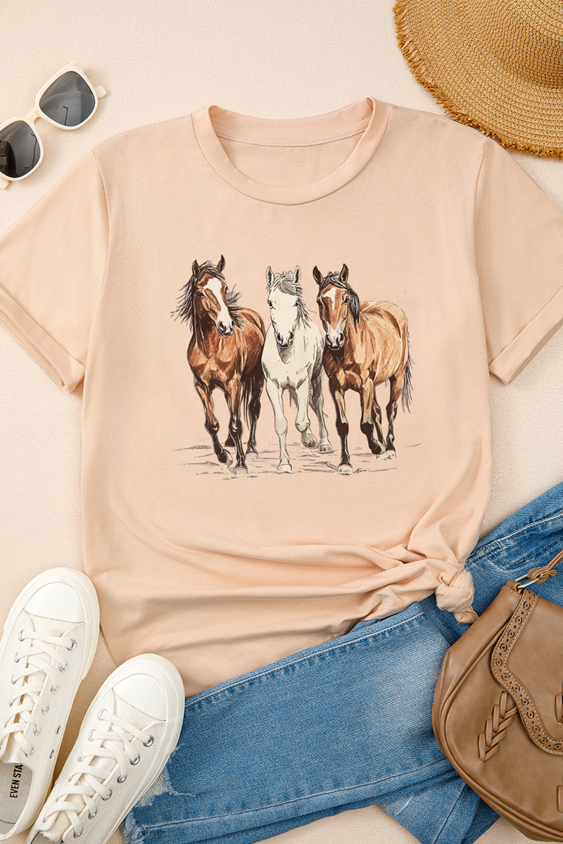 Load image into Gallery viewer, DLLS70 - Khaki Gallant Horses Printed Casual T Shirt
