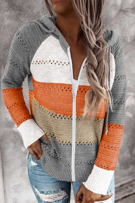 DLLS1 - Gray Zipped Front Colorblock Hollow-out Knit Hoodie