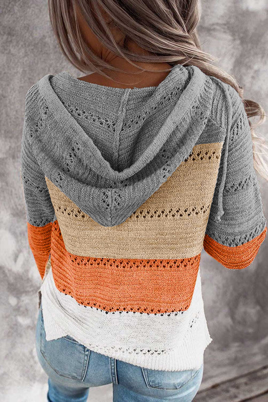 DLLS1 - Gray Zipped Front Colorblock Hollow-out Knit Hoodie