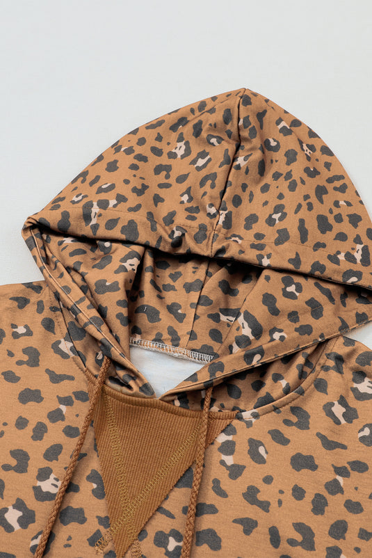 DLLS96 - Leopard Long Sleeve Drawstring Cropped Hoodie