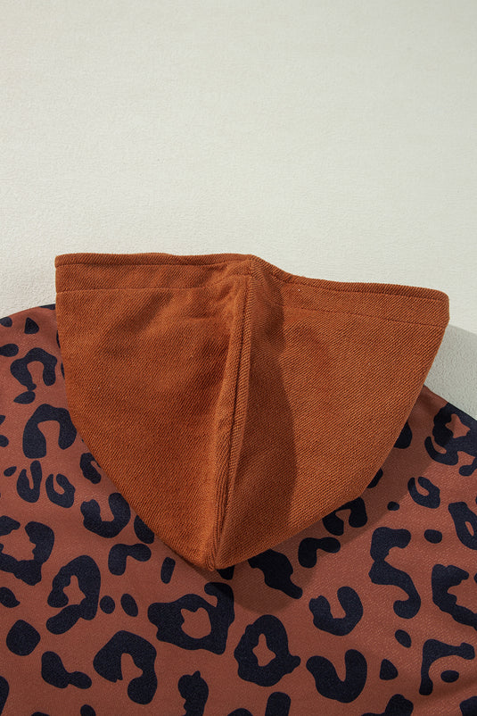 DLLS99 - Brown Textured Knit Patchwork Leopard Hoodie