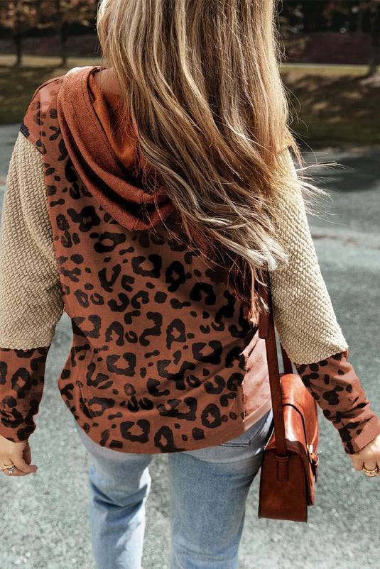 DLLS99 - Brown Textured Knit Patchwork Leopard Hoodie