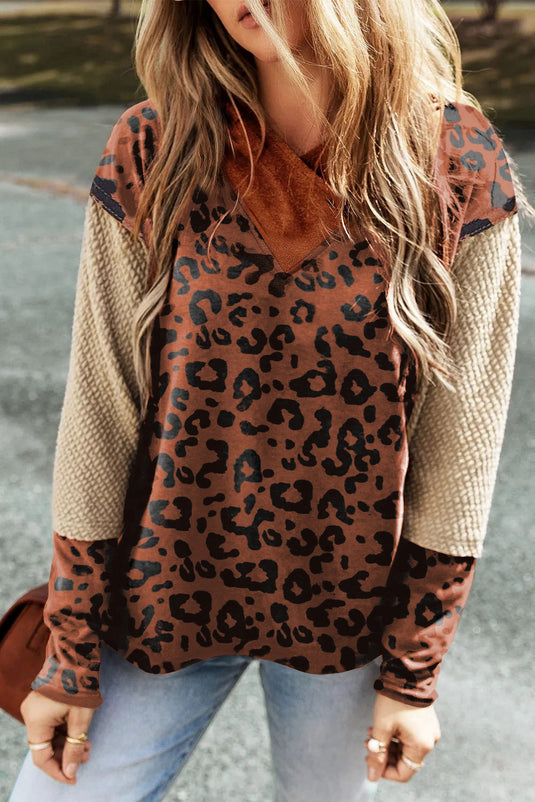 DLLS99 - Brown Textured Knit Patchwork Leopard Hoodie