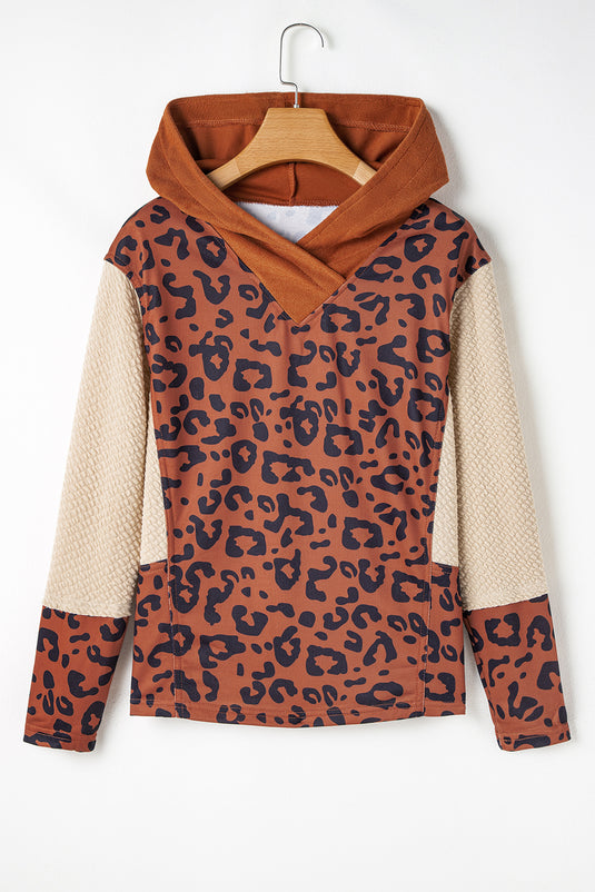 DLLS99 - Brown Textured Knit Patchwork Leopard Hoodie