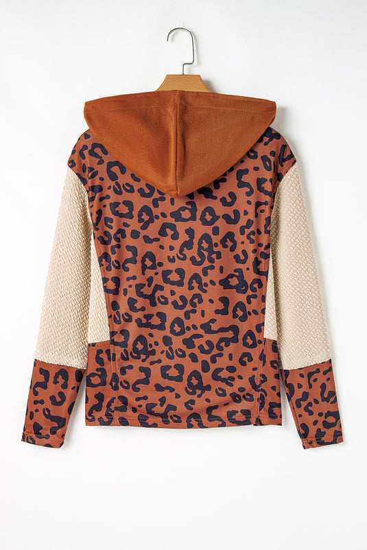 DLLS99 - Brown Textured Knit Patchwork Leopard Hoodie