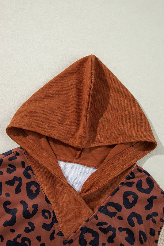 DLLS99 - Brown Textured Knit Patchwork Leopard Hoodie
