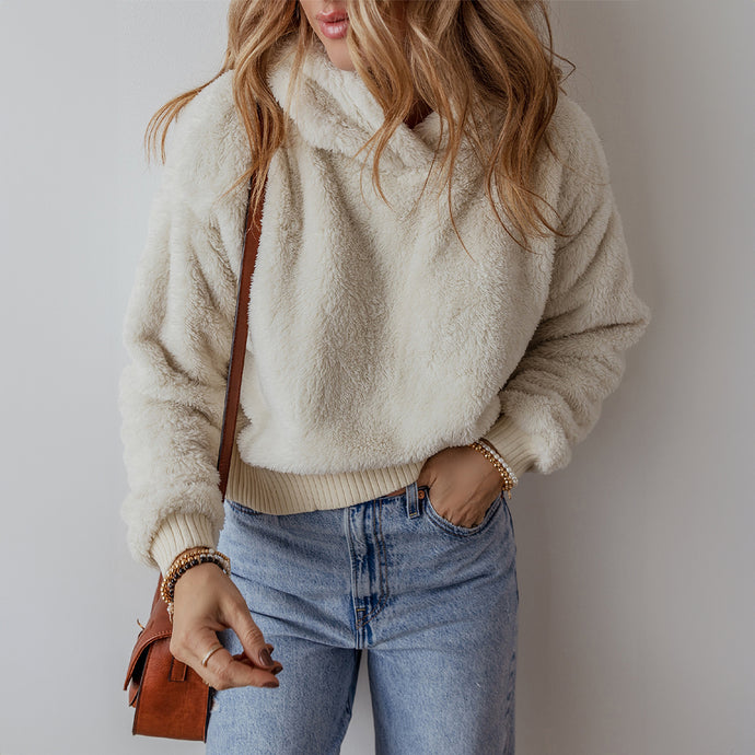 DLLS4 - White Contrast Ribbed Edge Plush Hoodie