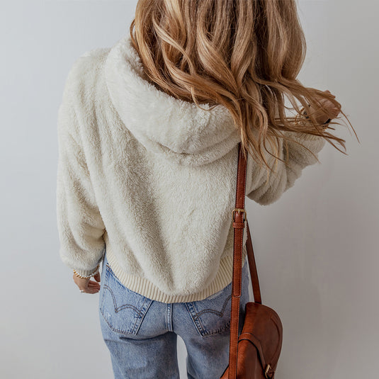 DLLS4 - White Contrast Ribbed Edge Plush Hoodie