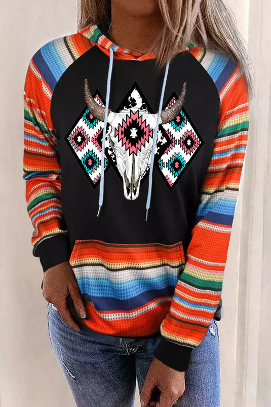 DLLS87 - Multicolor Western Steer Head Aztec Serape Patchwork Pocketed Hoodie