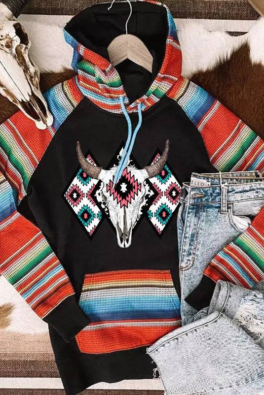 DLLS87 - Multicolor Western Steer Head Aztec Serape Patchwork Pocketed Hoodie