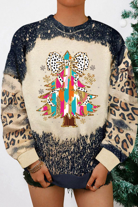 DLLS53 - Black Christmas Tree Graphic Bleached Leopard Tie Dye Sweatshirt