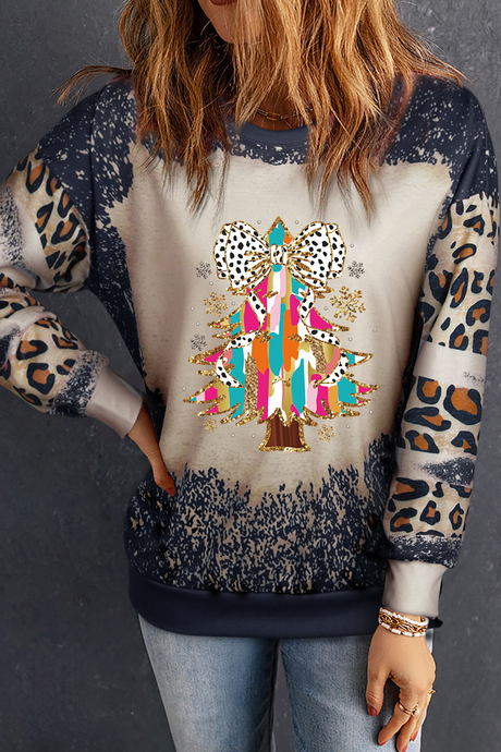DLLS53 - Black Christmas Tree Graphic Bleached Leopard Tie Dye Sweatshirt