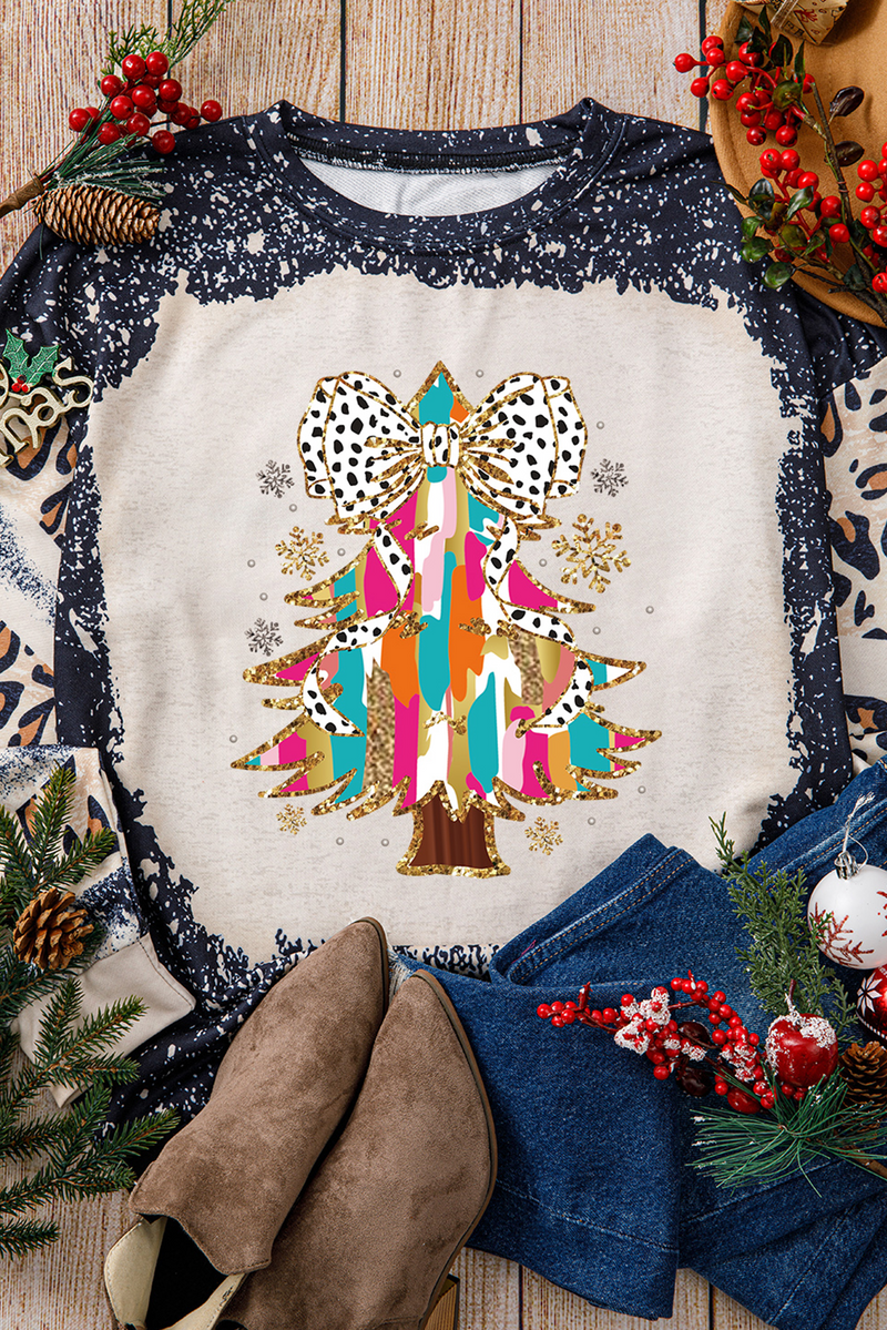 Load image into Gallery viewer, DLLS53 - Black Christmas Tree Graphic Bleached Leopard Tie Dye Sweatshirt
