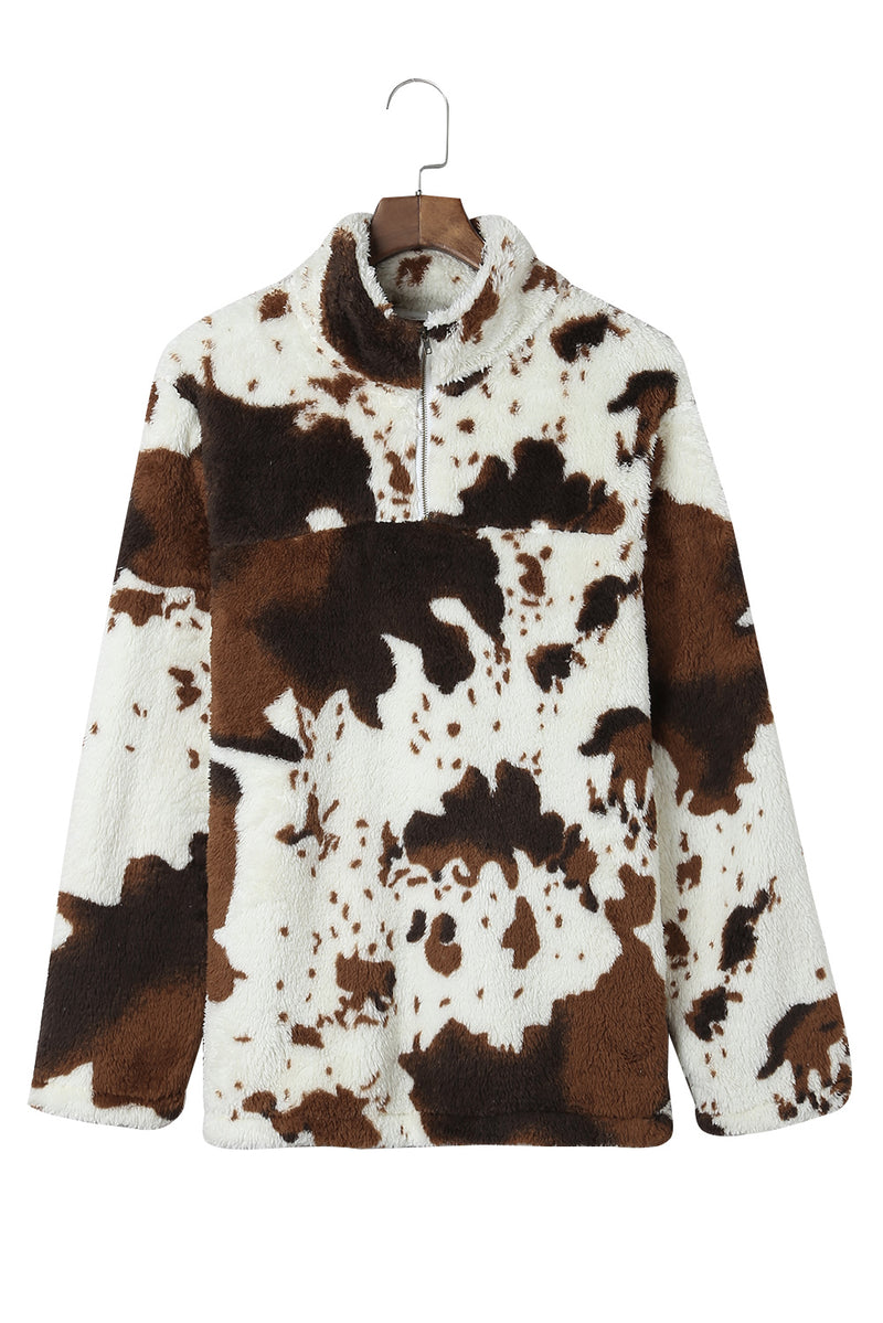Load image into Gallery viewer, DLLS47 -Zip Collar Cow Print Fleece Sweatshirt
