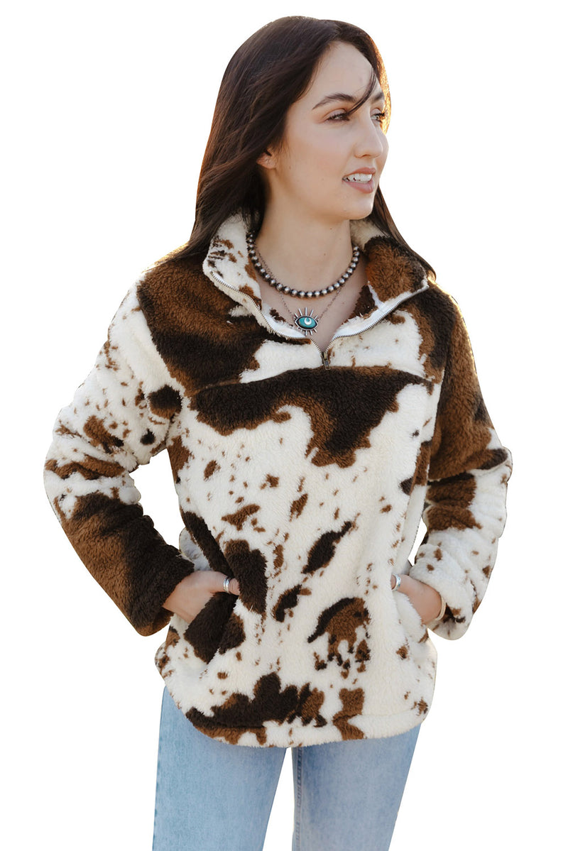Load image into Gallery viewer, DLLS47 -Zip Collar Cow Print Fleece Sweatshirt
