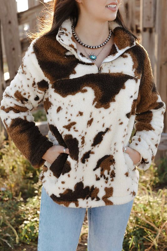 DLLS47 -Zip Collar Cow Print Fleece Sweatshirt