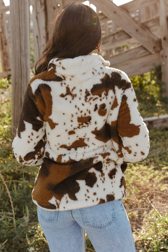 DLLS47 -Zip Collar Cow Print Fleece Sweatshirt