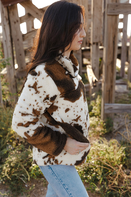 DLLS47 -Zip Collar Cow Print Fleece Sweatshirt