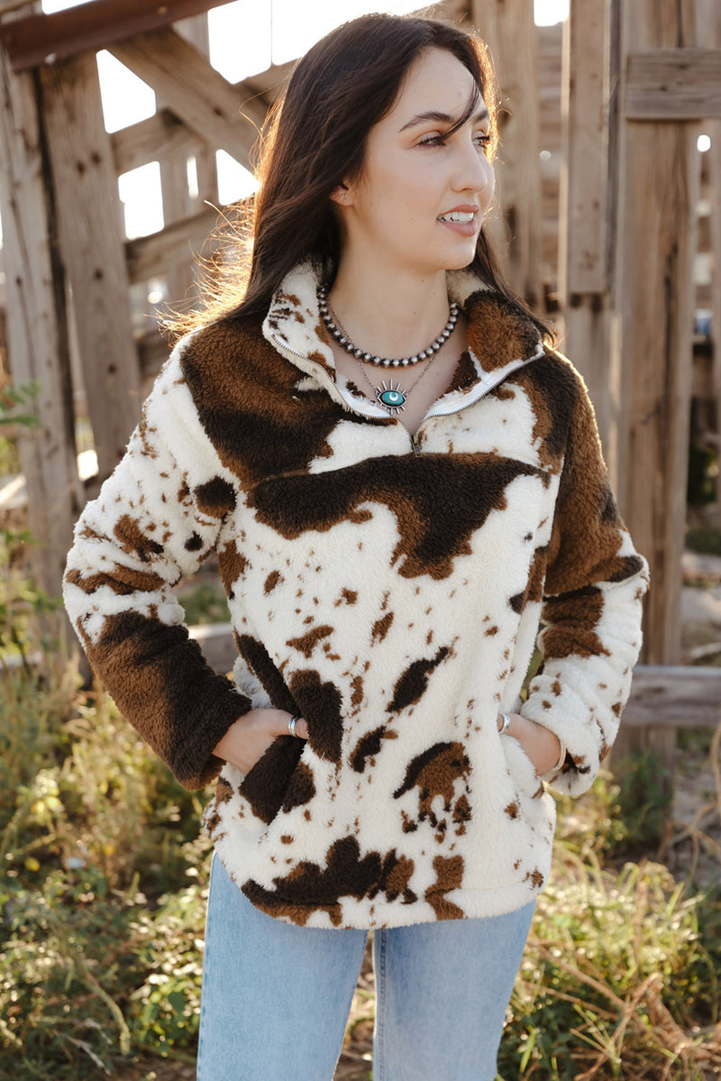 Load image into Gallery viewer, DLLS47 -Zip Collar Cow Print Fleece Sweatshirt
