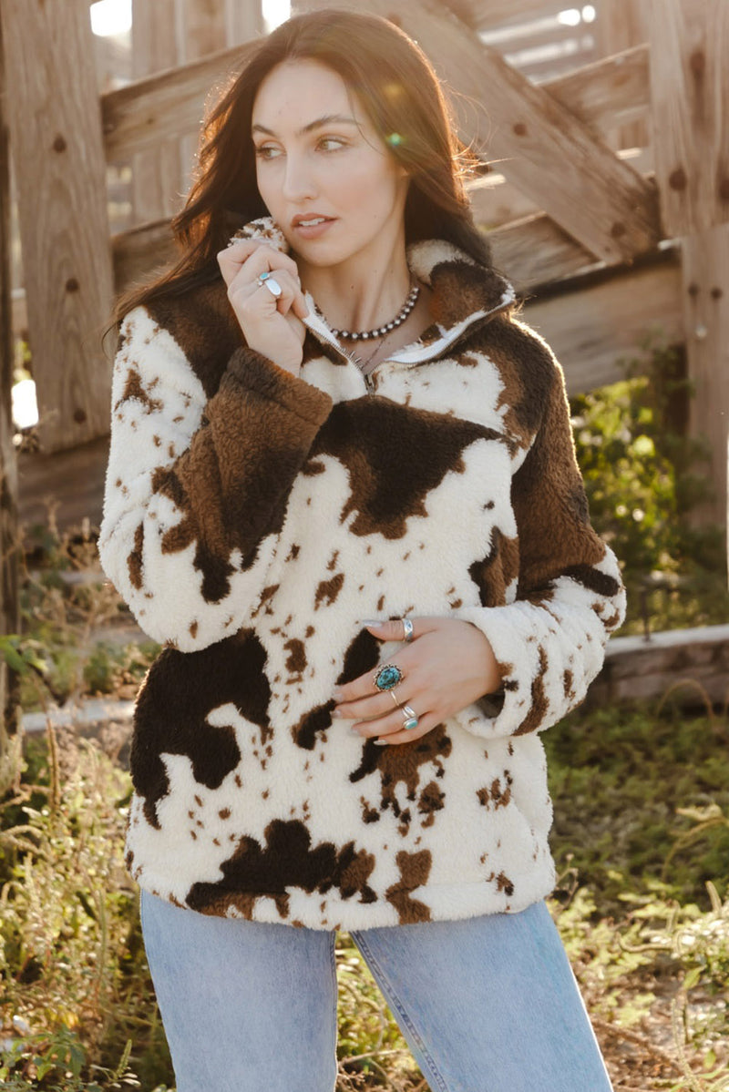 Load image into Gallery viewer, DLLS47 -Zip Collar Cow Print Fleece Sweatshirt
