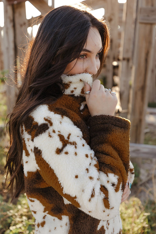DLLS47 -Zip Collar Cow Print Fleece Sweatshirt