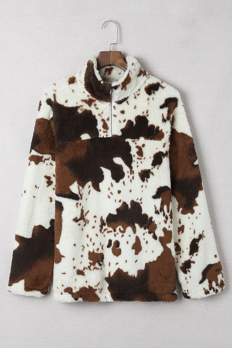 Load image into Gallery viewer, DLLS47 -Zip Collar Cow Print Fleece Sweatshirt
