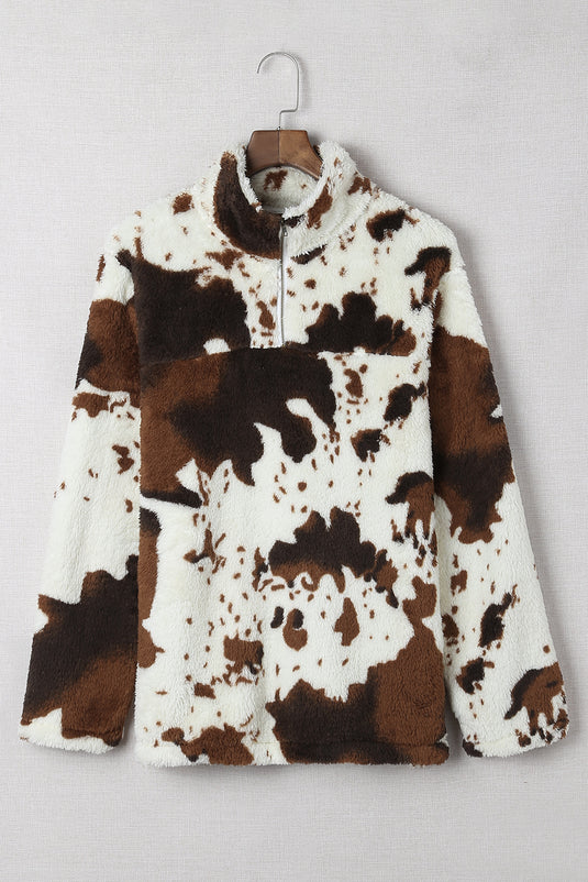 DLLS47 -Zip Collar Cow Print Fleece Sweatshirt