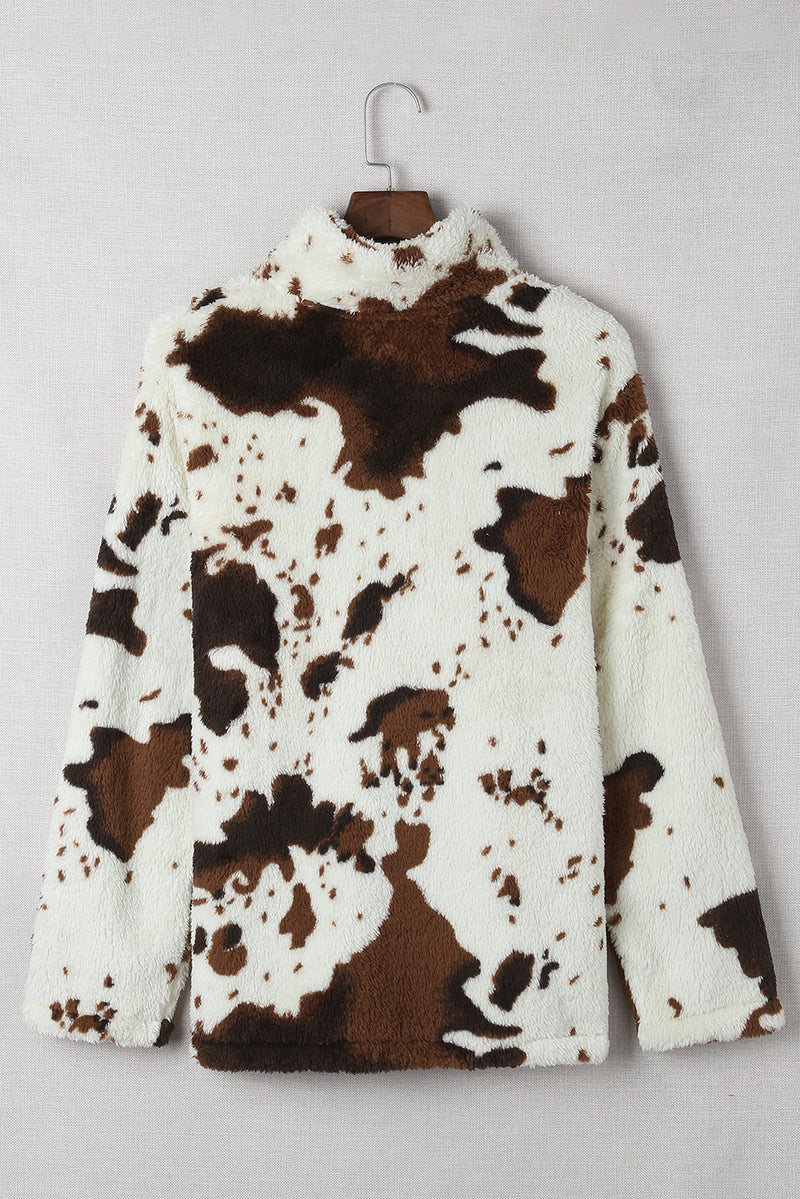 Load image into Gallery viewer, DLLS47 -Zip Collar Cow Print Fleece Sweatshirt
