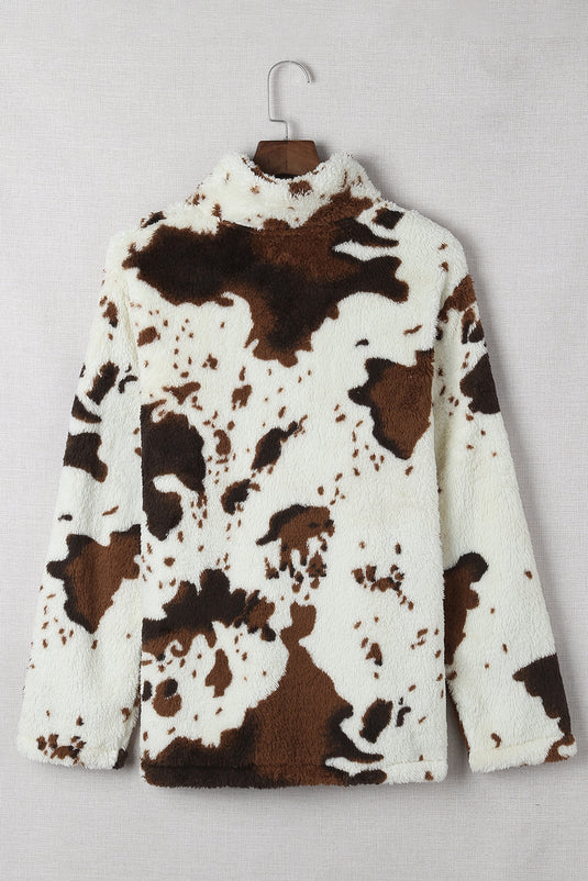 DLLS47 -Zip Collar Cow Print Fleece Sweatshirt