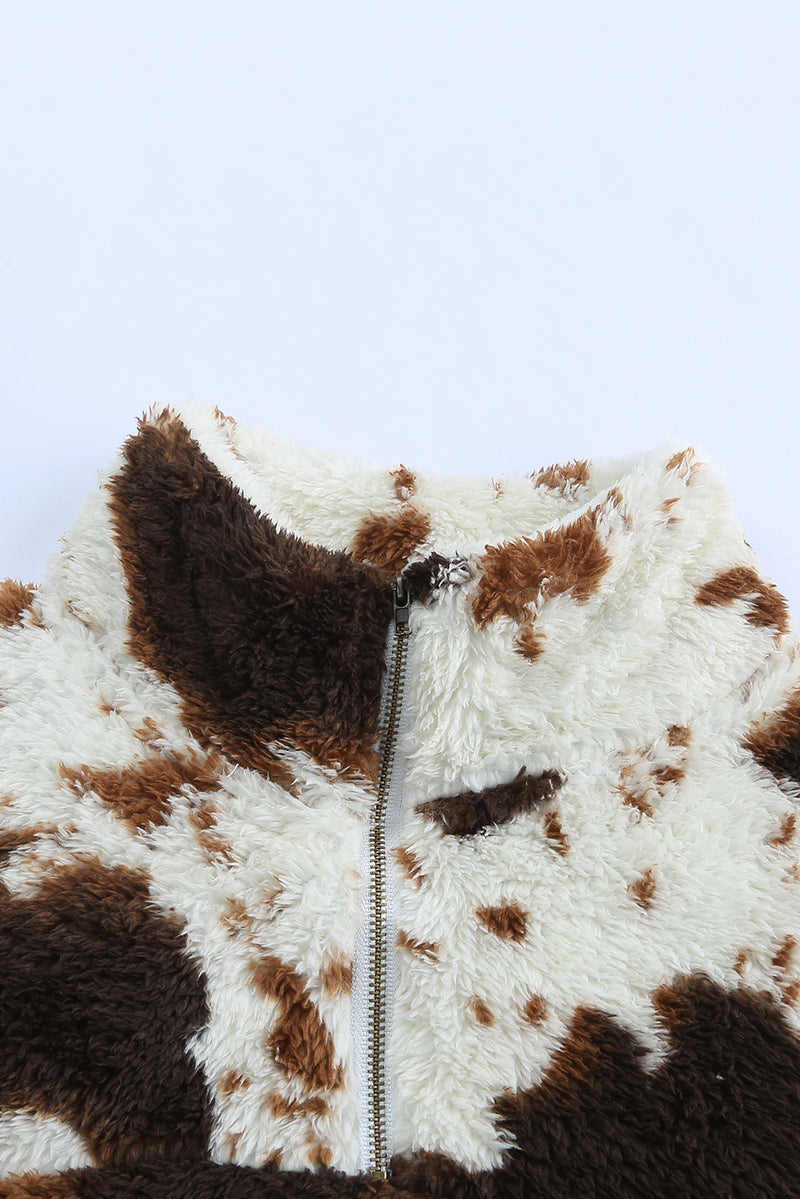 Load image into Gallery viewer, DLLS47 -Zip Collar Cow Print Fleece Sweatshirt
