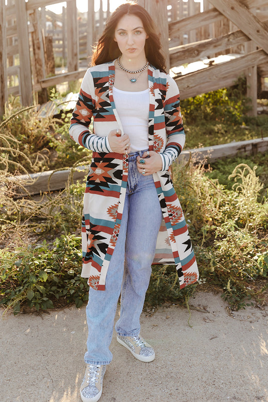 DLLS80 - Multicolor Geometric Color Block Open Front Long Cardigan