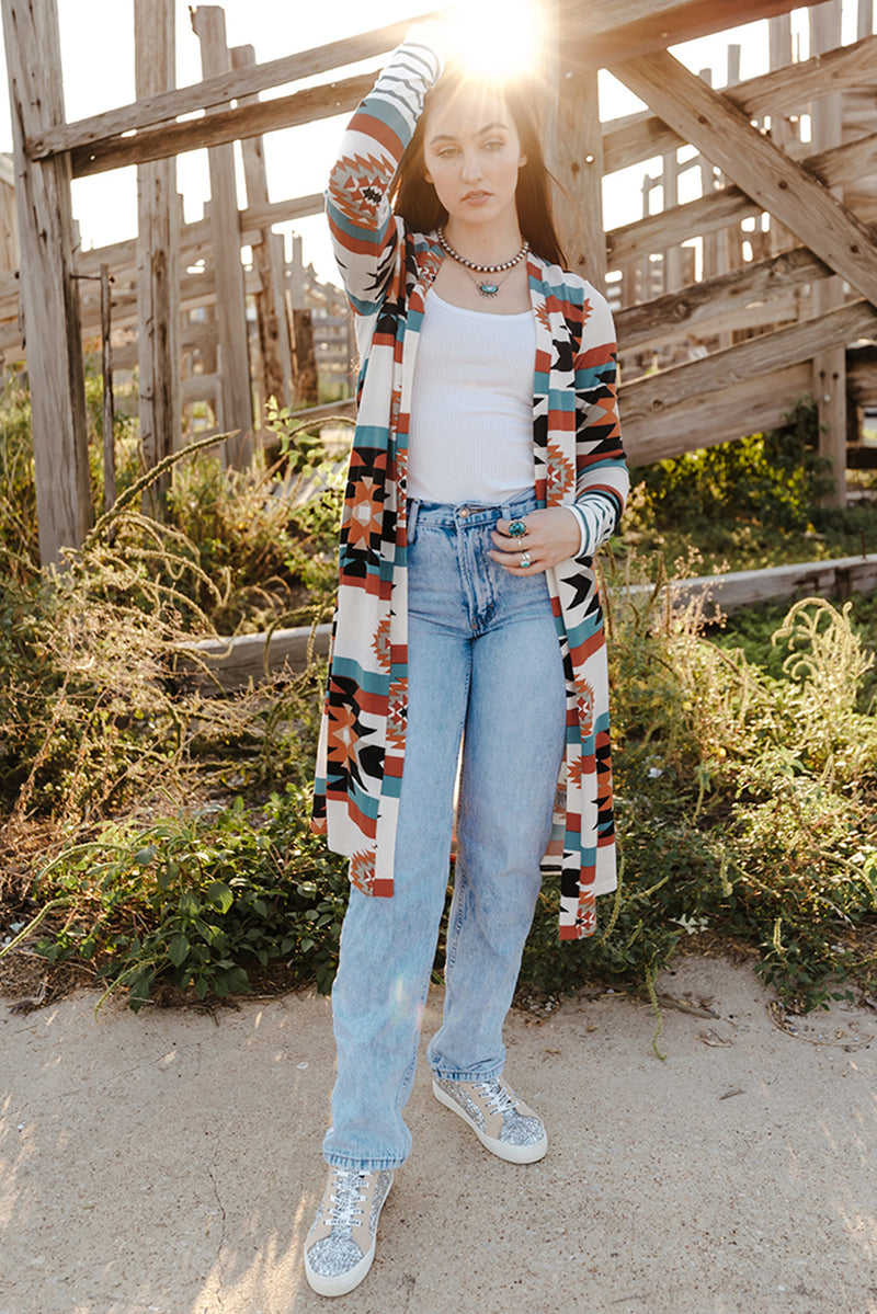 Load image into Gallery viewer, DLLS80 - Multicolor Geometric Color Block Open Front Long Cardigan
