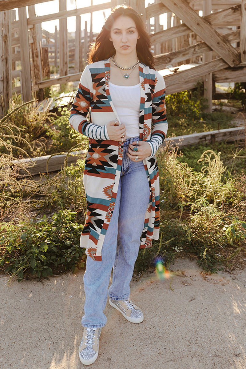 Load image into Gallery viewer, DLLS80 - Multicolor Geometric Color Block Open Front Long Cardigan
