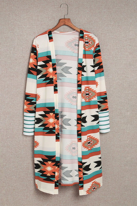 DLLS80 - Multicolor Geometric Color Block Open Front Long Cardigan