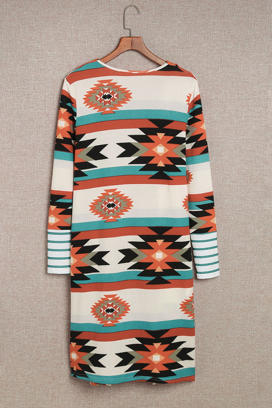 DLLS80 - Multicolor Geometric Color Block Open Front Long Cardigan