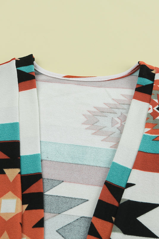 DLLS80 - Multicolor Geometric Color Block Open Front Long Cardigan