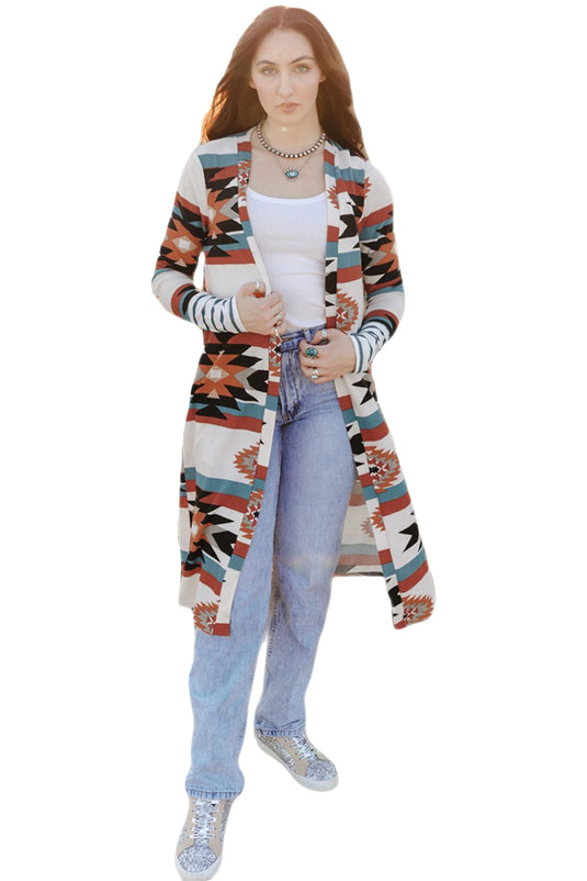 DLLS80 - Multicolor Geometric Color Block Open Front Long Cardigan