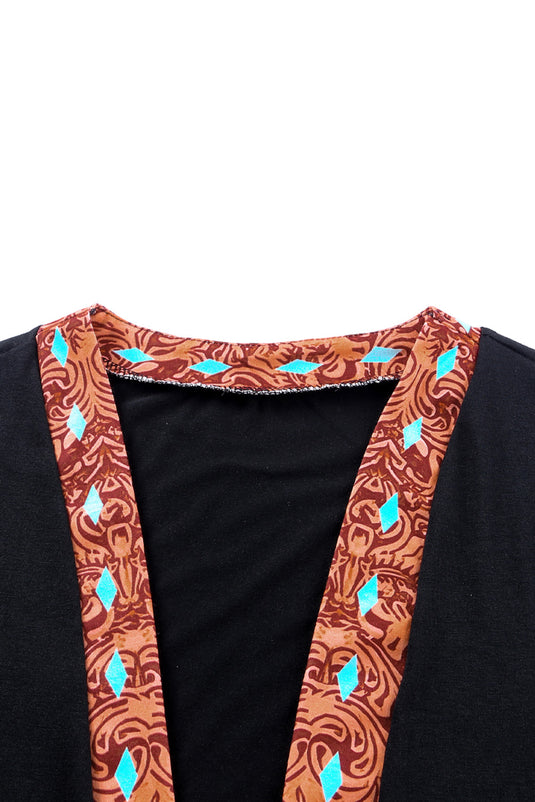DLLS63 - Black Western Pattern Cow Patchwork Open Front Cardigan