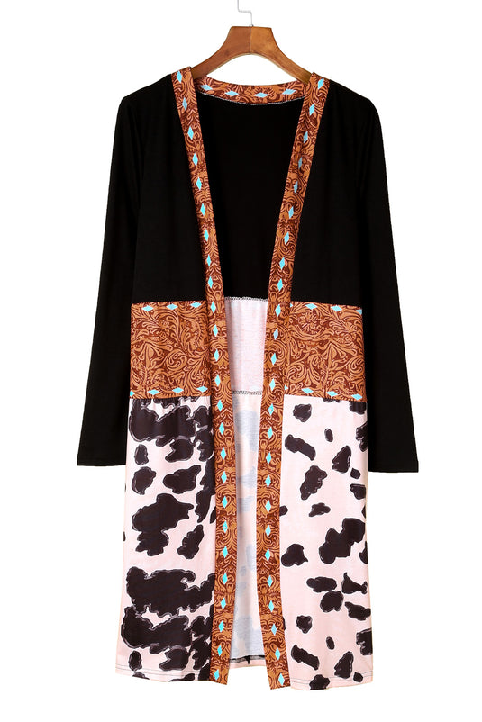 DLLS63 - Black Western Pattern Cow Patchwork Open Front Cardigan