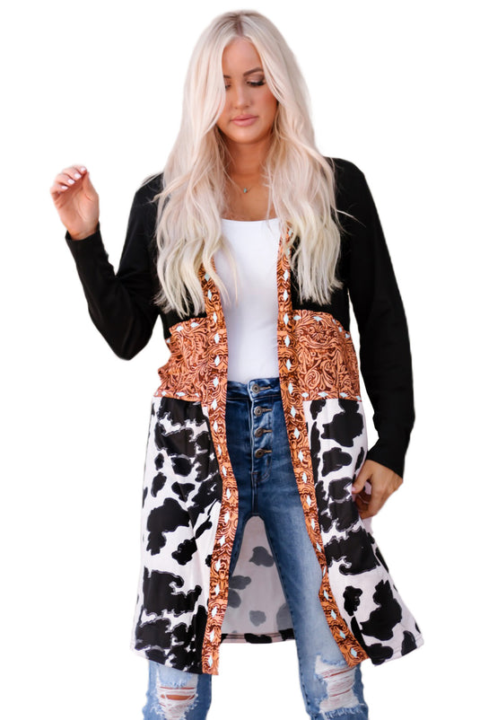 DLLS63 - Black Western Pattern Cow Patchwork Open Front Cardigan