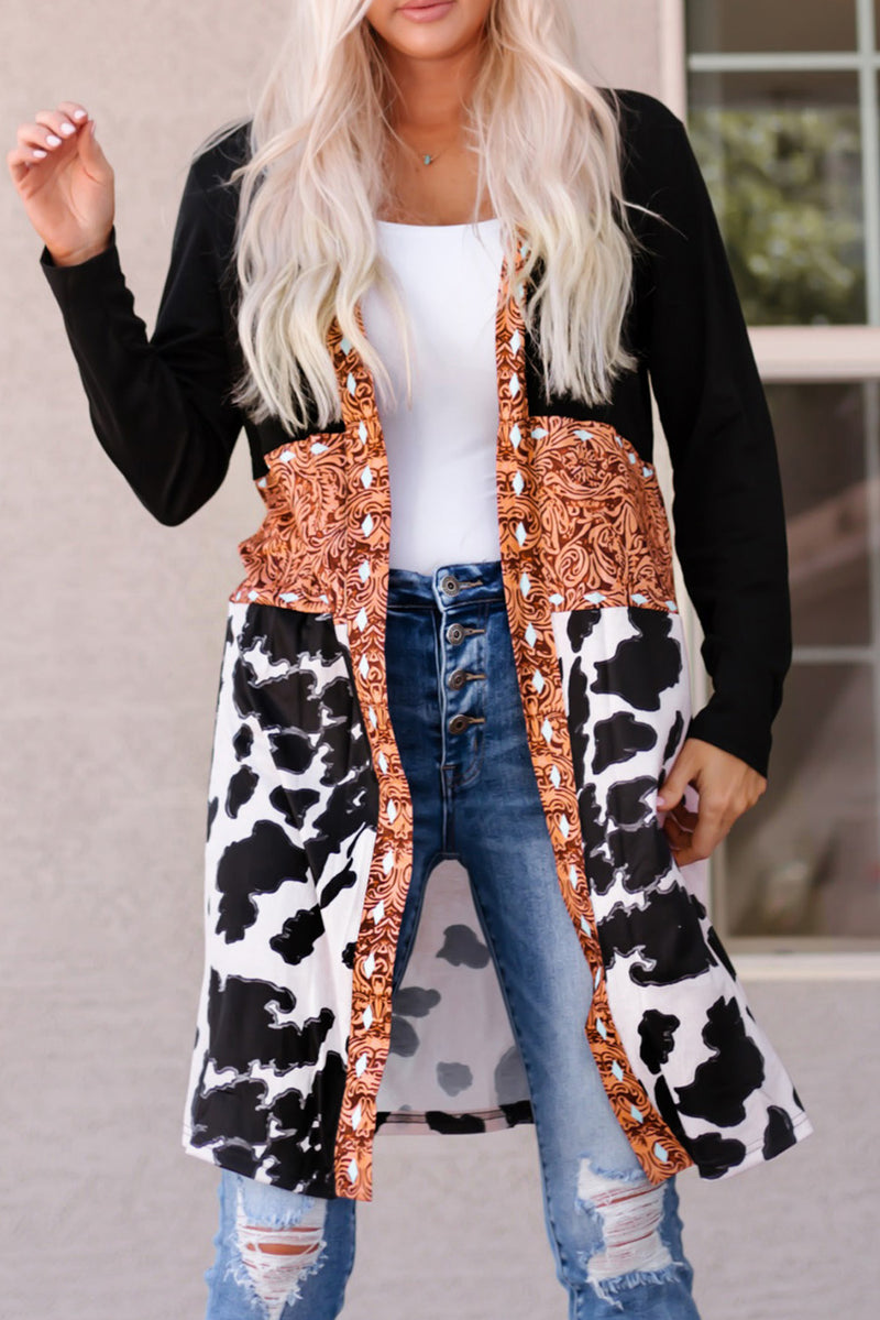 Load image into Gallery viewer, DLLS63 - Black Western Pattern Cow Patchwork Open Front Cardigan
