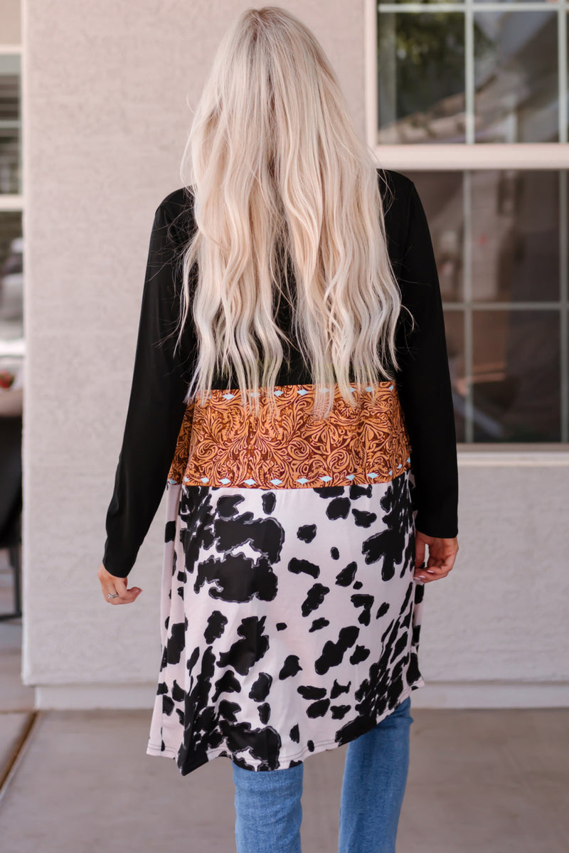 Load image into Gallery viewer, DLLS63 - Black Western Pattern Cow Patchwork Open Front Cardigan
