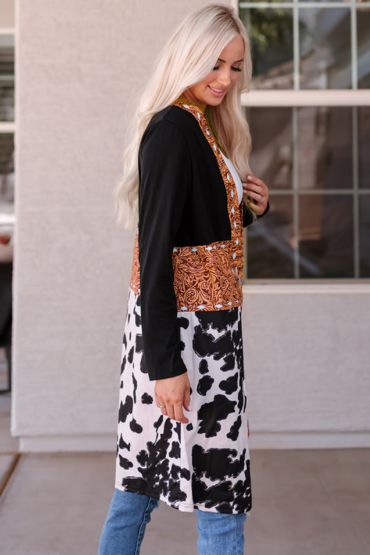 DLLS63 - Black Western Pattern Cow Patchwork Open Front Cardigan
