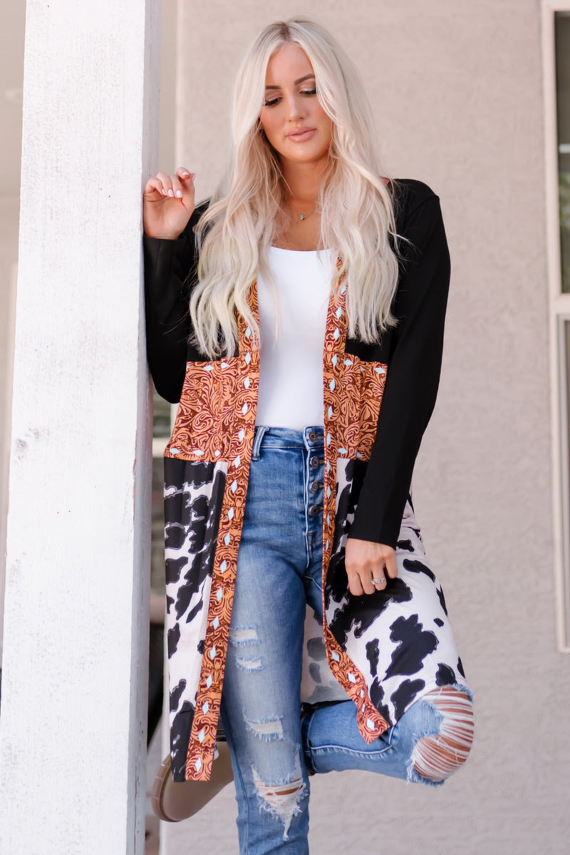 Load image into Gallery viewer, DLLS63 - Black Western Pattern Cow Patchwork Open Front Cardigan
