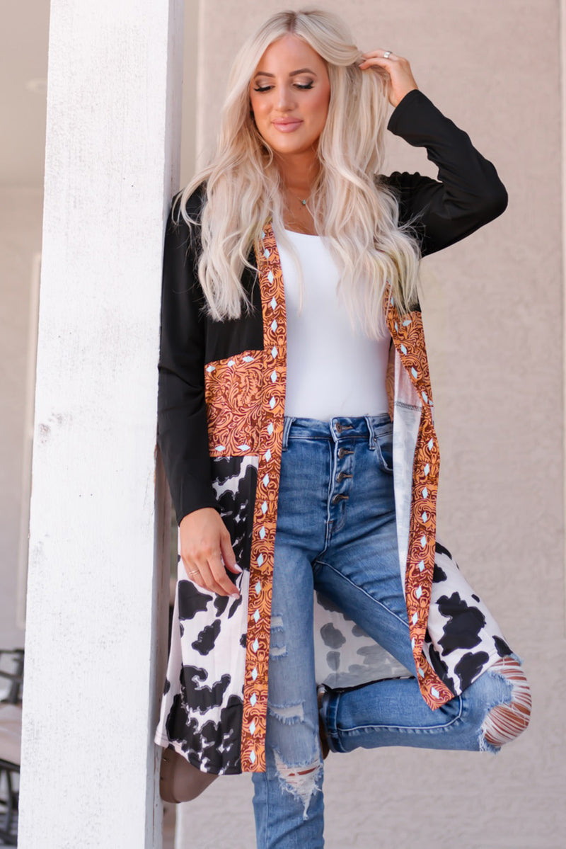Load image into Gallery viewer, DLLS63 - Black Western Pattern Cow Patchwork Open Front Cardigan
