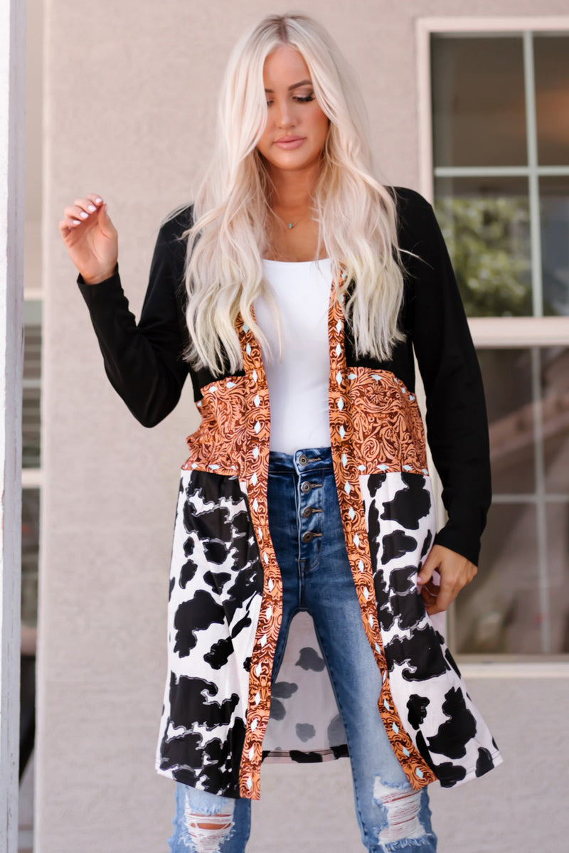 Load image into Gallery viewer, DLLS63 - Black Western Pattern Cow Patchwork Open Front Cardigan
