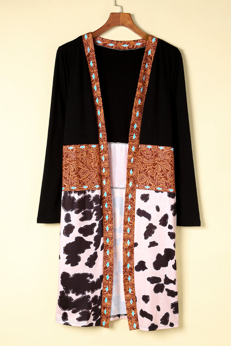 Load image into Gallery viewer, DLLS63 - Black Western Pattern Cow Patchwork Open Front Cardigan
